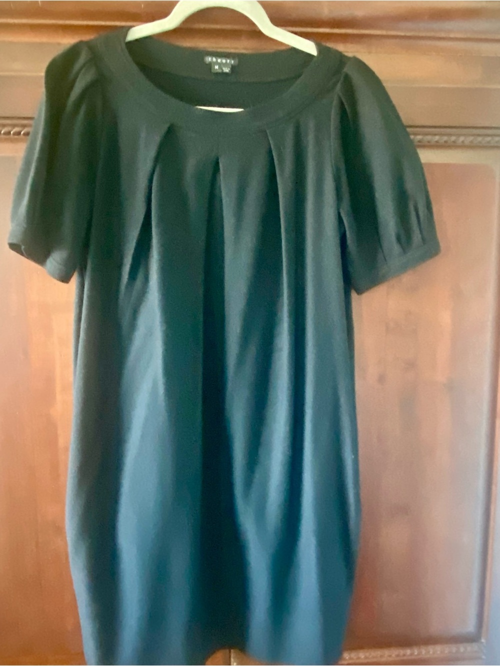 Theory Black Short-Sleeve Pleated Shift Dress